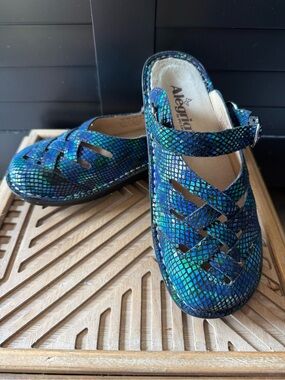 Alegria FRE-388 Blue and Green Snakeskin Mary Jane Clogs